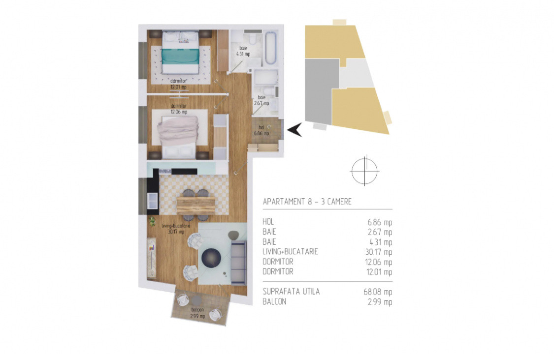 Apartament de 3 camere, etaj intermediar, zona strazii Calea Baciului