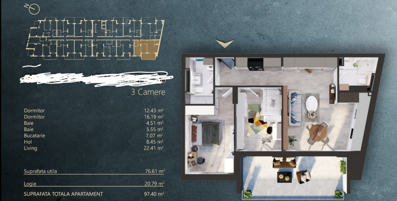 Exclusiv!Apartament 3 camere, 2 bai, finisat, terasa, zona Fabricii!