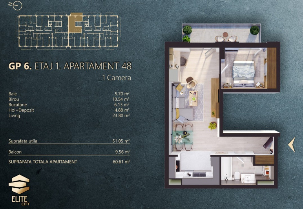 Apartament 2 camere, etaj intermediar, Elite City