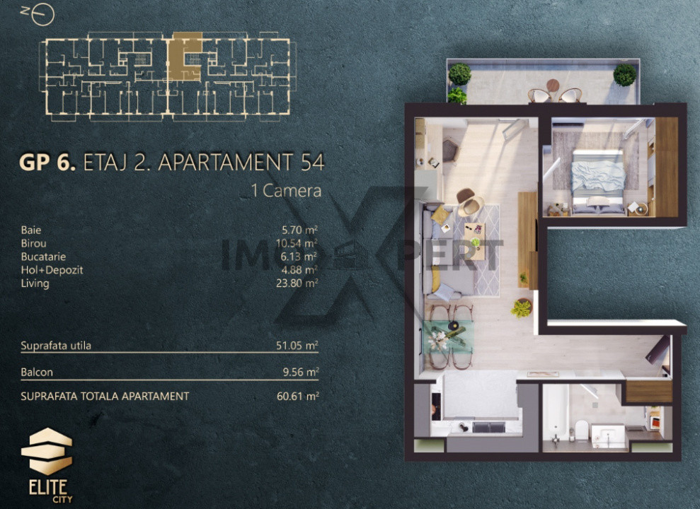 Apartament 2 camere, etaj intermediar, Elite City