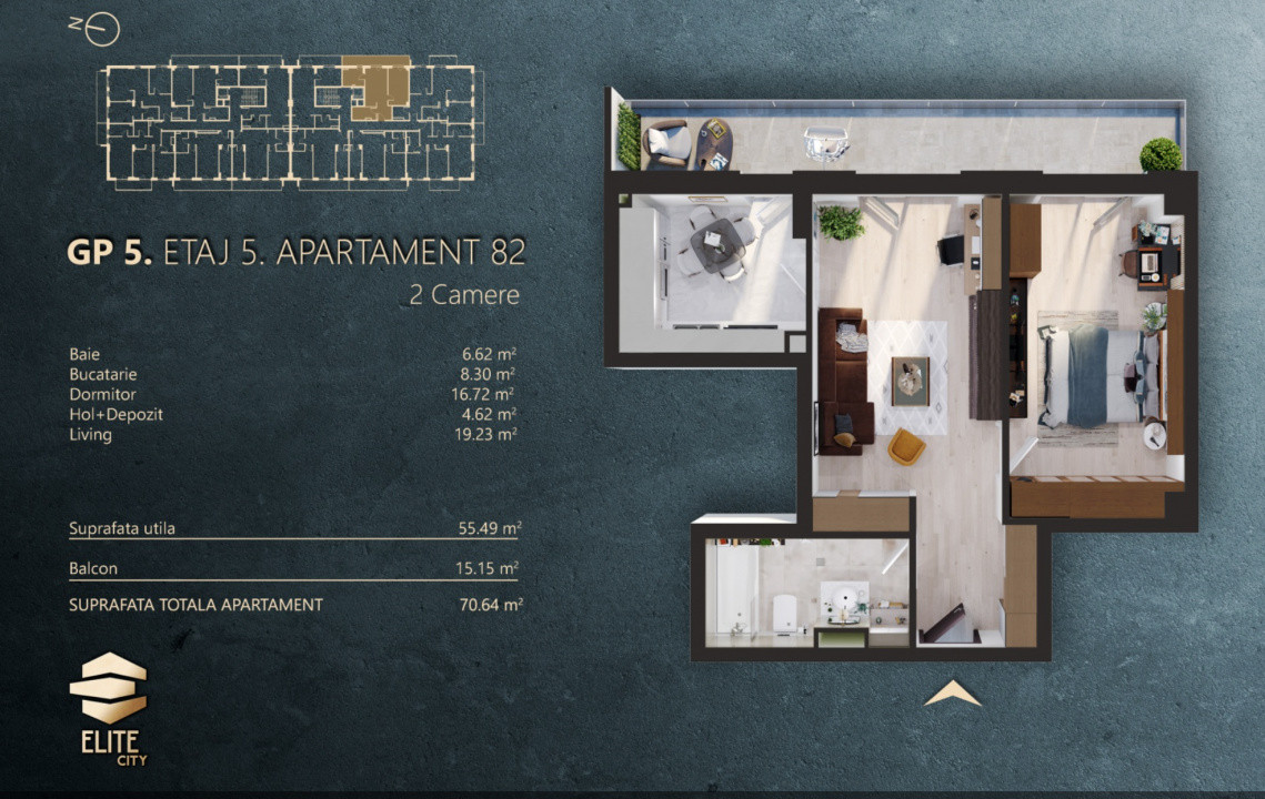 Apartament 2 camere , et 1, parcare, finisat, Elite City