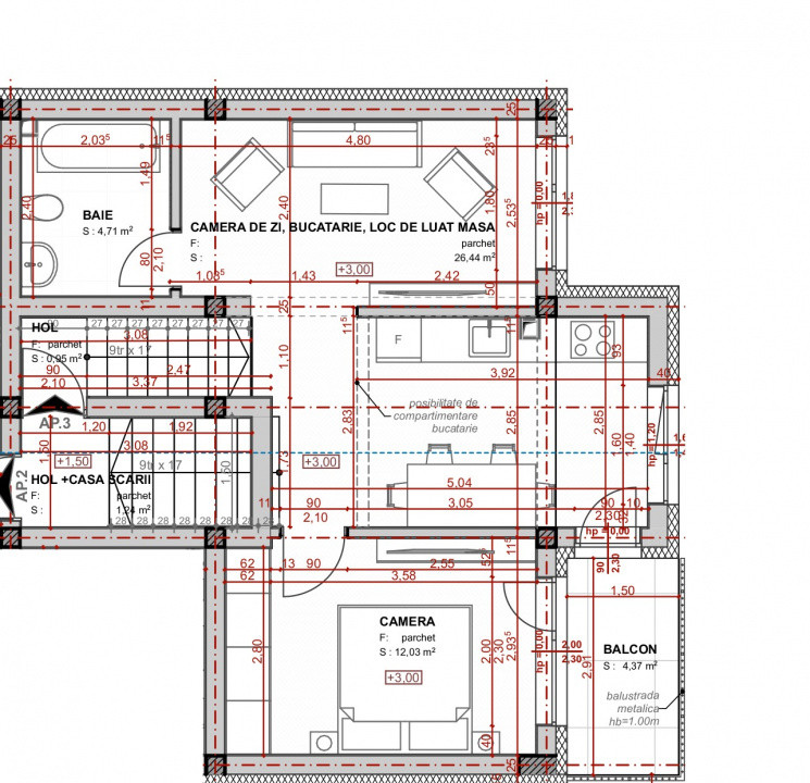 Apartament 2 camere, 44 mp, semifinisat, Apahida