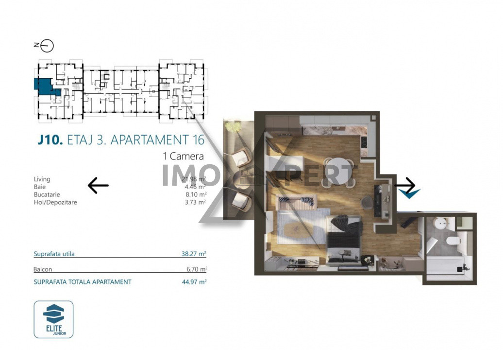 Apartament o camera, 38,5 mp, etaj 1, Bloc premium, Marasti