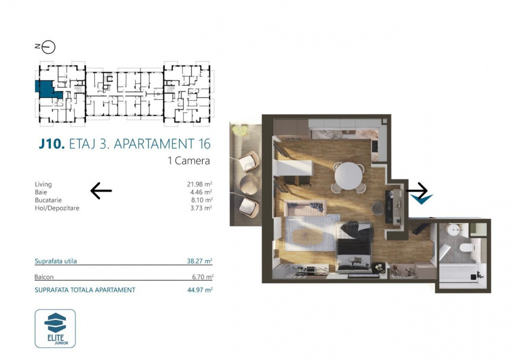 Apartament o camera, 38,5 mp, etaj 1, Bloc premium, Marasti