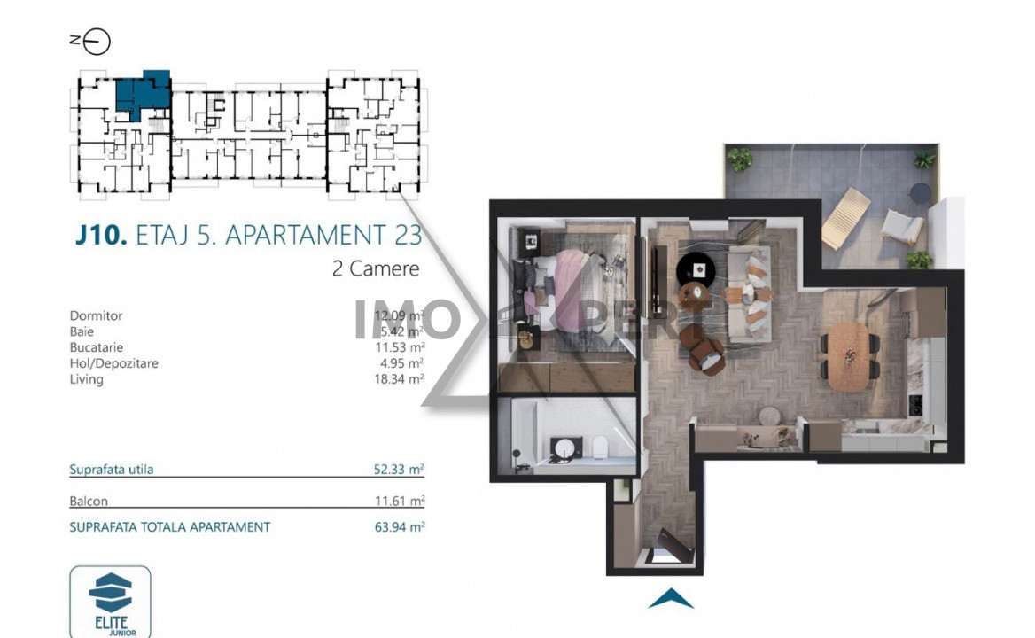 Apartament 2 camere, et intermediar, parcare, Elite Junior