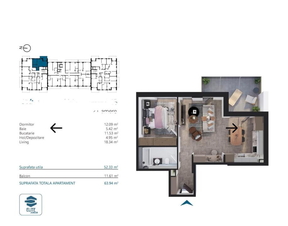 Apartament 2 camere, et intermediar, parcare, Elite Junior